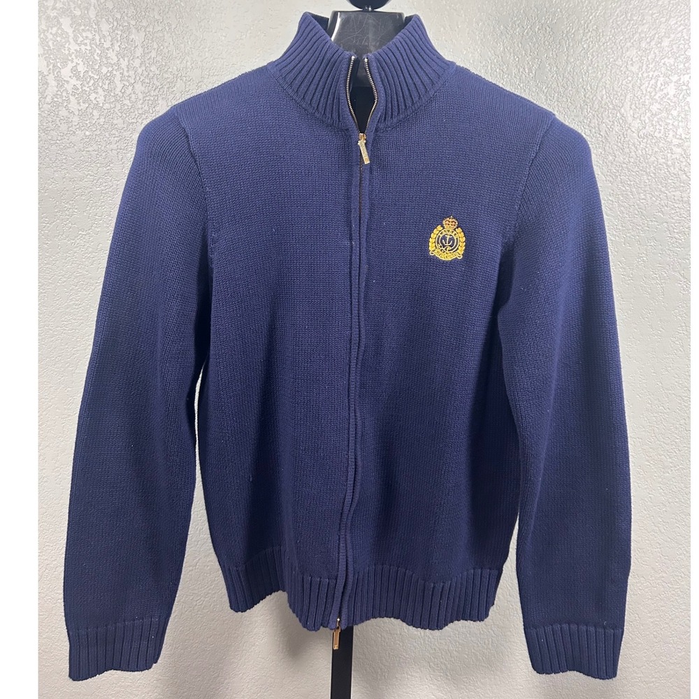 LAUREN RALPH LAUREN WOMEN'S NAVY CRESTED HIGH COLLAR CARDIGAN VINTAGE XL